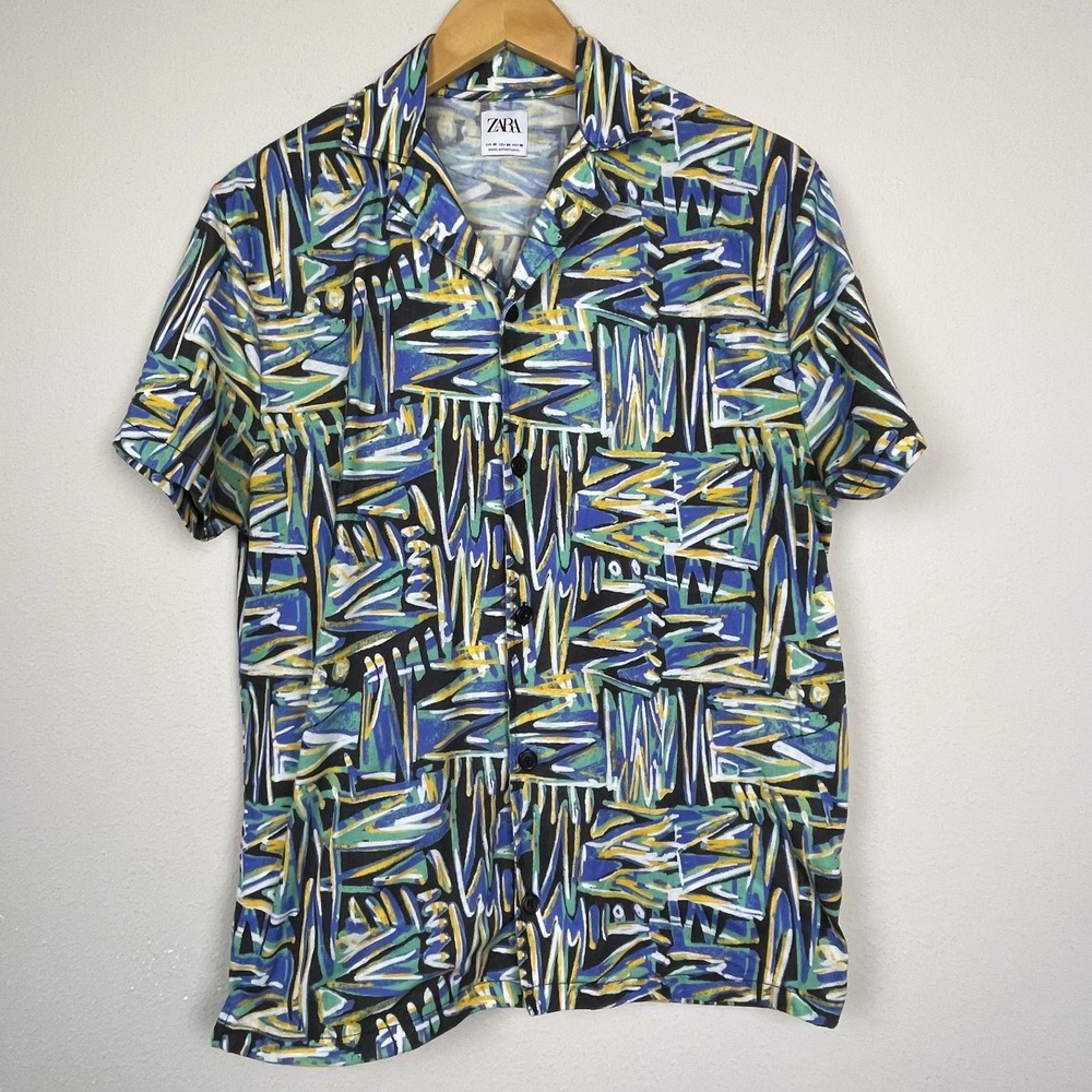 Zara Men's Ponte Knit‎ Camp Shirt M Blue Green Yellow Print Short Sleeve Retro